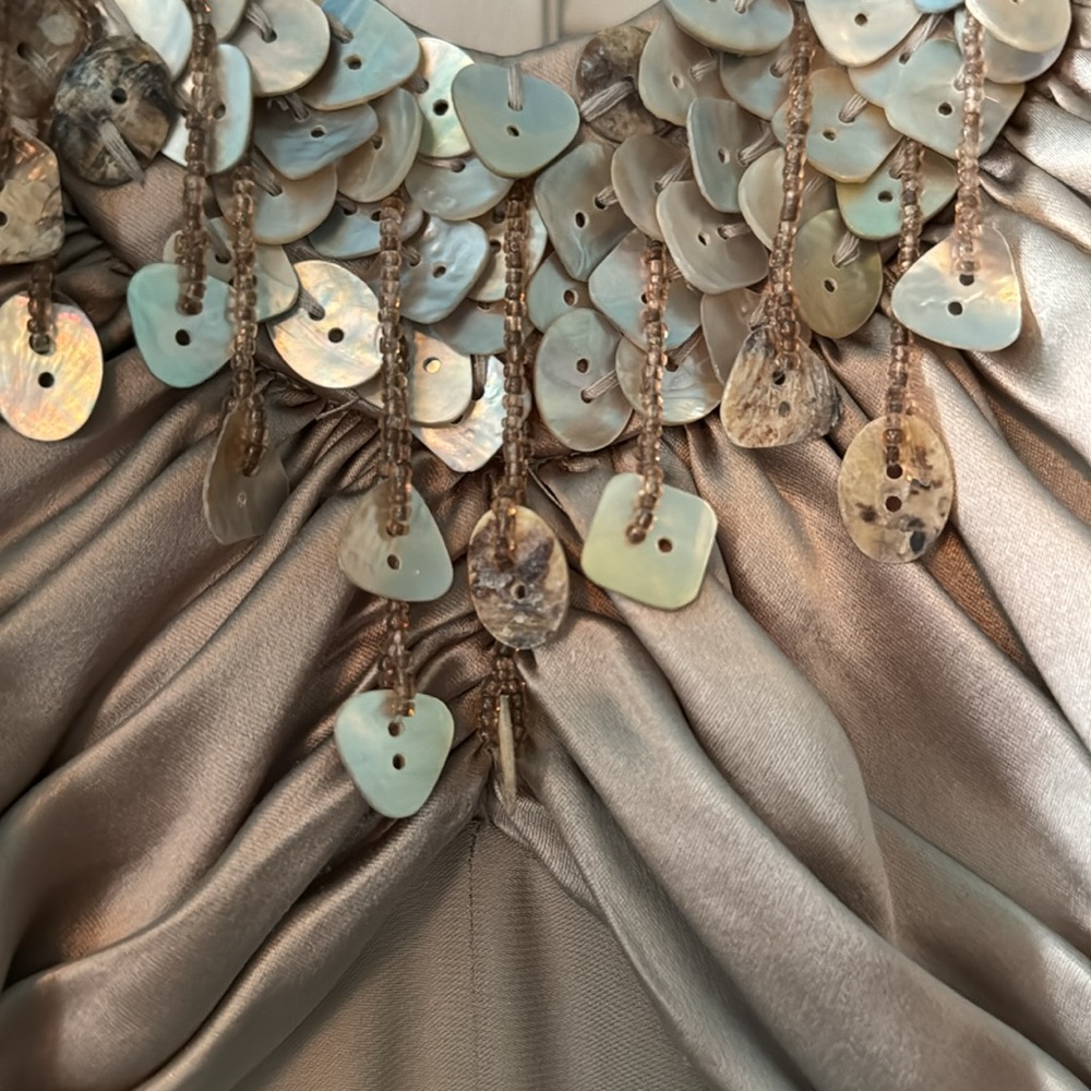 Tadasha brand full length split in front Taupe color formal gown. Size 14 - Picture 3 of 10